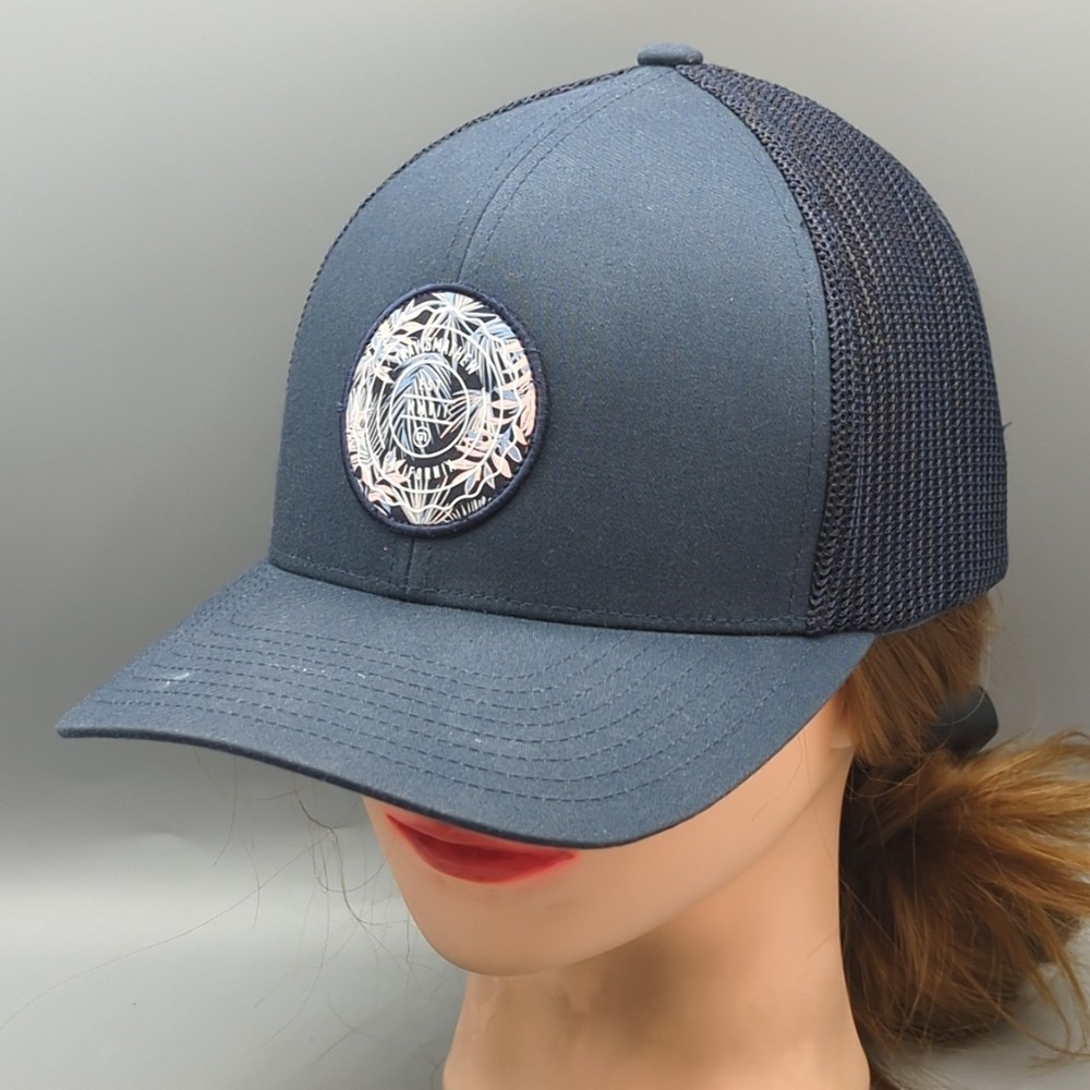 TravisMathew Baseball Cap Hat Navy Blue Palm Tree Patch Flexfit 110 Adjustable